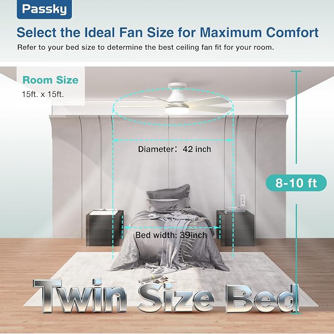 Passky Ceiling Fans with Lights, 42 inch Flush Mount Ceiling fan with Remote Control, Low Profile Ceiling Fan for Bedroom, Farmhouse, Reversible, 3CCT, Dimmable, Noiseless DC Motor, White