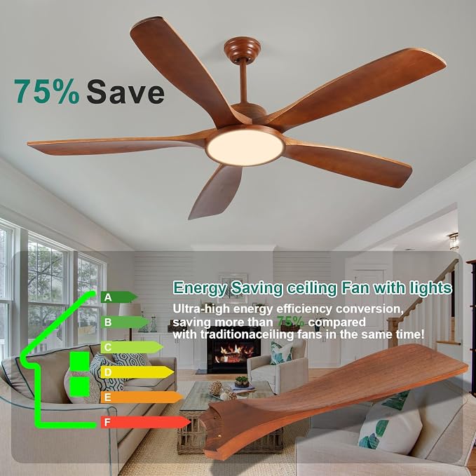 62 Inch Lage Ceiling Fans with Lights and Remote Wood Outdoor Fans for Patios 5 Solid Blades Modern Farmhouse Ceiling Fan for Porch Living Room 6 Speeds FCC Reversible DC Motor