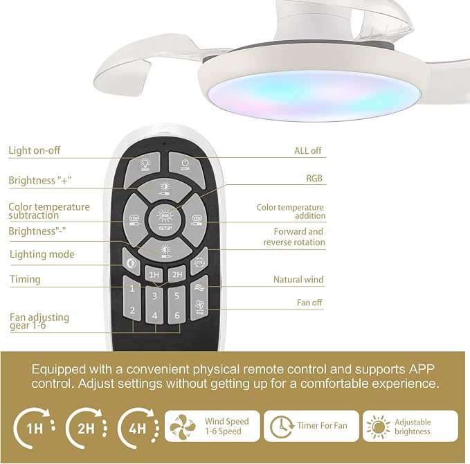 30" RGB Ceiling Fan with Light Chandelier Fan Modern Fandelier Dimmable LED 6-Speed Reversible White,Remote APP Control