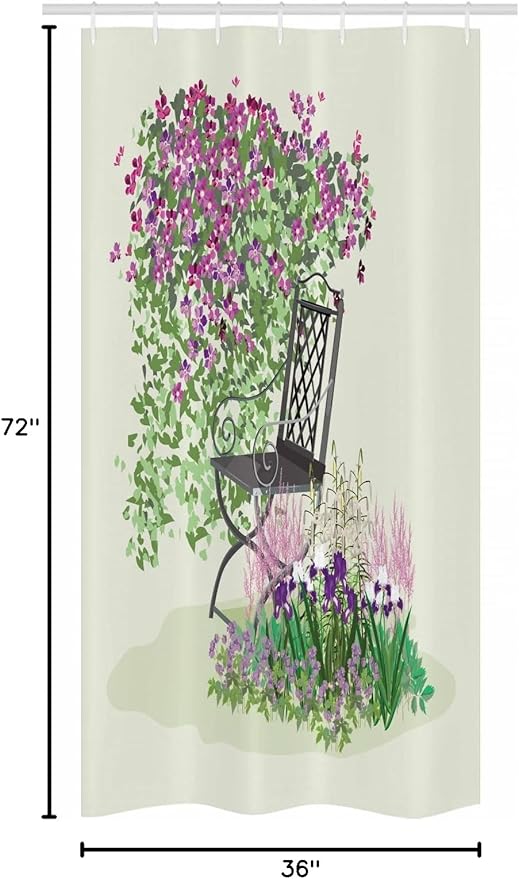 Ambesonne Garden Stall Shower Curtain, Island for Relaxing in The Garden Among The Flowers Blooming Summer Day Art, Fabric Bathroom Decor Set with Hooks, 36" W x 72" L, Purple Green