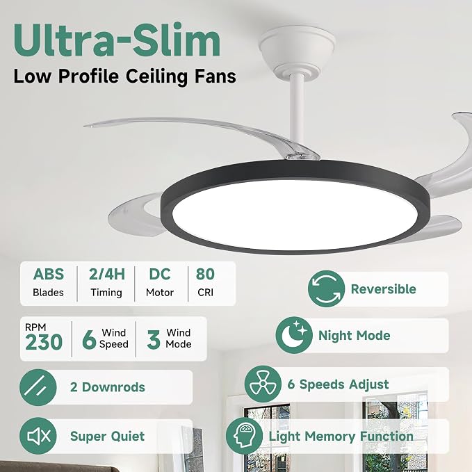 Slim Retractable Ceiling Fan with Lights and Remote, 42 Inch Black and White Modern Ceiling Fan,Dimmable LED,Memory Functionr,Timer Setting& Reversible Motor for Bedroom Living Room