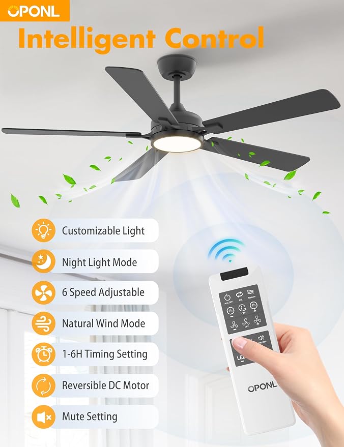 OPONL Ceiling Fan with Light, Ceiling fan with Light and Remote Control, Reversible, 6CCT, Dimmable, Noiseless, Ceiling Fan for Bedroom, Indoor/Outdoor Use, Black, 52 inch, Classic