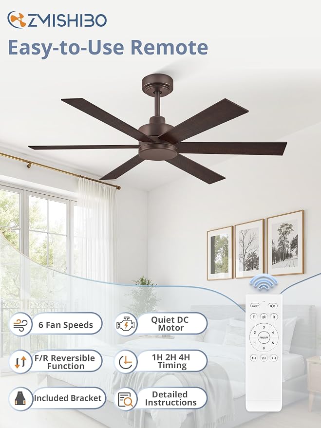 ZMISHIBO 48 Inch Ceiling Fans Without Lights, Farmhouse Ceiling Fan, 6 Blades, Quiet Reversible DC Motor, 6-Speeds, Brown Ceiling Fan With Remote for Living Room, Bedroom, Garage, Indoor/Outdoor Use