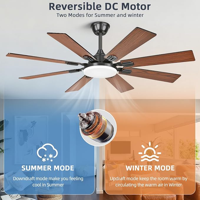 52" Ceiling Fans with Lights and Remote,Modern Ceiling Fan with 8 Dual Finish Blades,Quiet Reversible Motor， Farmhouse Ceiling Fan with RGB Lights for Bedroom,Living Room,Patios， Brown
