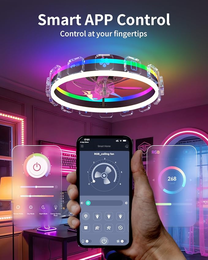 RGB Ceiling Fan with Lights, Low Profile Ceiling Fans with Lights and Remote, Flush Mount LED Fan Light, Modern Bladeless Fandelier for Bedroom Works with APP, 16IN Black