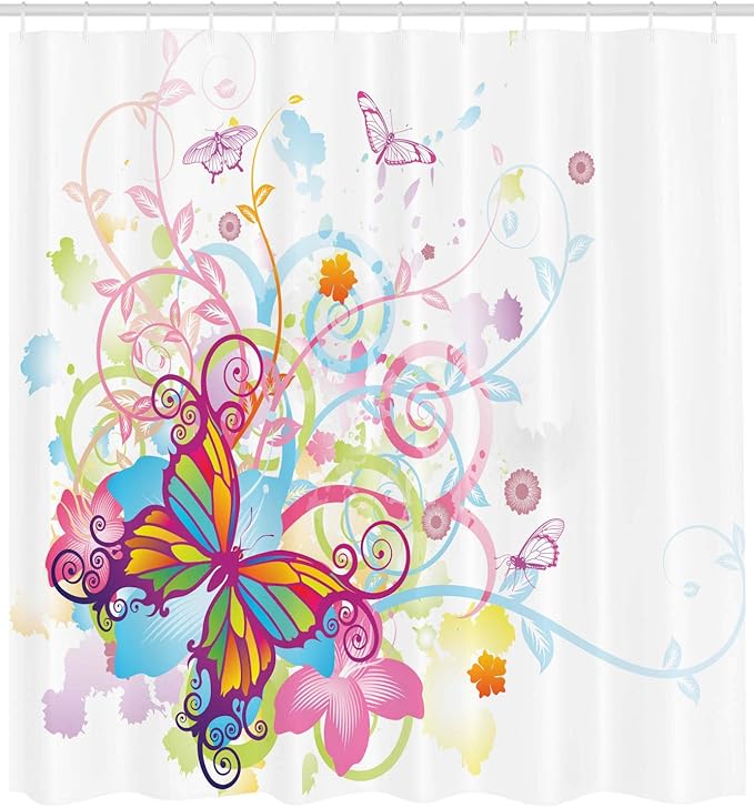 Ambesonne Butterfly Shower Curtain, Butterfly with Floral Elements and Leaves Curvy Branches Ornament Print, Cloth Fabric Bathroom Decor Set with Hooks, 69" W x 84" L, Dark Magenta