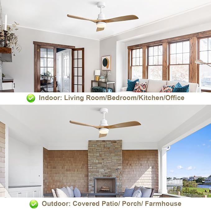 Sofucor 52 Inch Smart Ceiling Fan, Indoor/Outdoor Ceiling Fans with Lights and Remote, Work with Alexa/Google/APP, 6-Speed, Quiet DC Motor, 3 Blades Solid Wood Ceiling Fans for Bedroom Farmhouse Patio