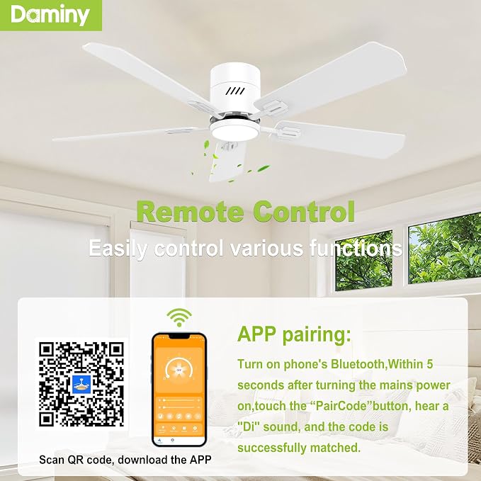 DAMINY 52 inch 5 Blades White Ceiling Fans with Lights,Flush Mount,6CCT, Low Profile Ceiling Fan with Light and Remote Control,DC Motor,Ceiling Fan for Bedroom, Kitchen,Living Room,Indoor/Outdoor Use