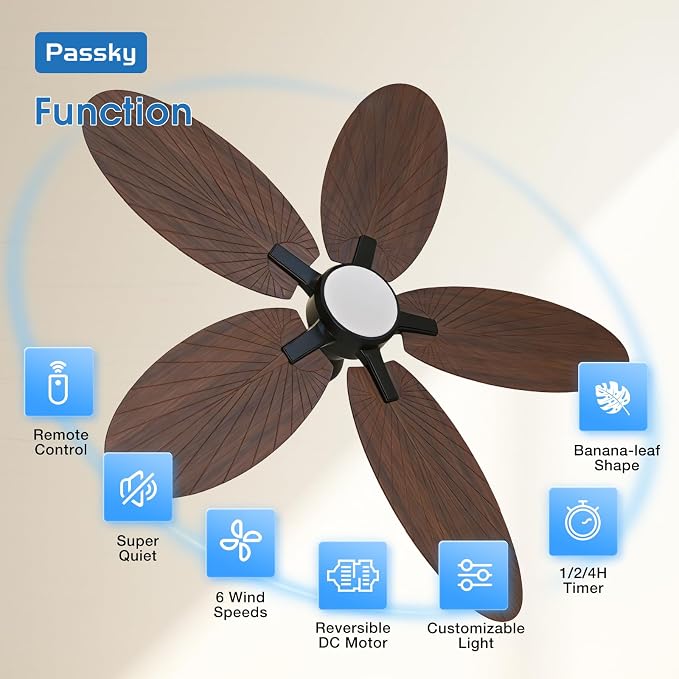 Passky Ceiling Fans with Lights, 52 inch Tropical Ceiling Fan with Light and Remote Control, 3CCT, Dimmable, Reversible, Noiseless, Banana-leaf Shape Ceiling Fan for Bedroom, living room, Coverd Patio
