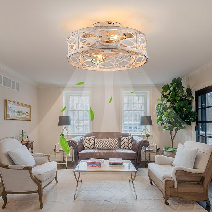 20" Caged Ceiling Fan With Light And Remote，bladeless Ceiling Fan 6 Speed Reversible With 4 Bulbs and Remote Control. With Lights for Bedroom, Dining Room