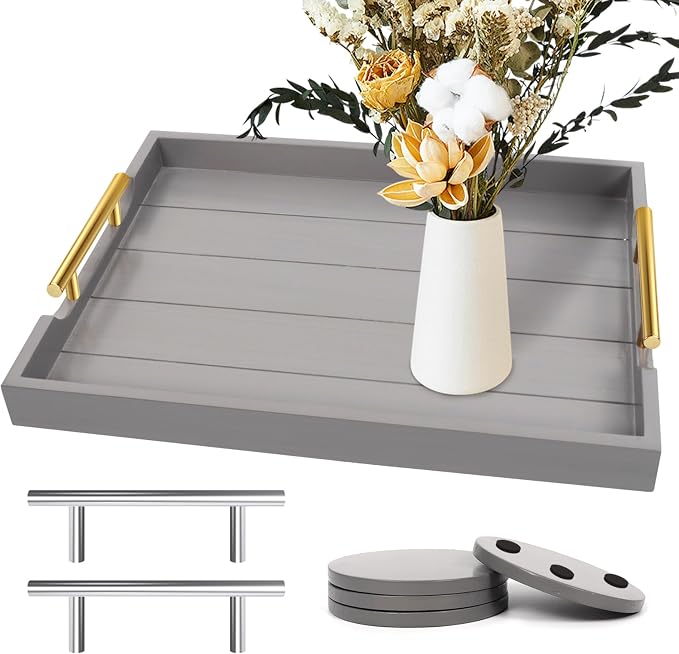 SXNOWS Wooden Serving Tray with 2 Sets of Handles,Gray | 16.5x13 Inch Large Ottoman Tray for Living Room Coffee Table Breakfast in Bed BBQ Party, 4 Round Coasters Included