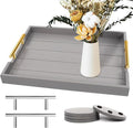 SXNOWS Wooden Serving Tray with 2 Sets of Handles,Gray | 16.5x13 Inch Large Ottoman Tray for Living Room Coffee Table Breakfast in Bed BBQ Party, 4 Round Coasters Included