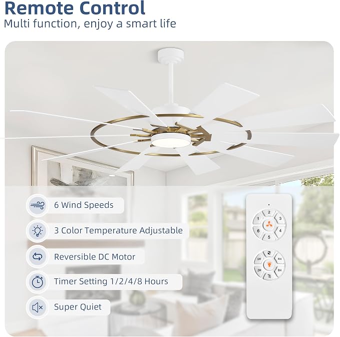 WINGBO 84" Windmill Ceiling Fan with Lights, 3 Downrod, 6-Speed Reversible DC Motor, 3CCT, 10 Blade Indoor Farmhouse DC Ceiling Fans for Kitchen Bedroom Living Room Patio, Aged Brass and White