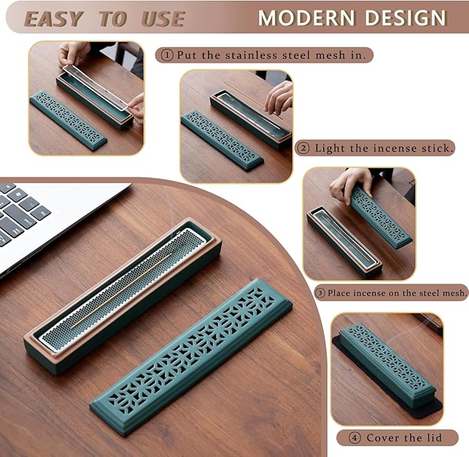 CEREMONY Incense Holder for Sticks, Ceramic Insence-Stick Holder Ash Catcher, Incense Holder Timkburner for Meditation Yoga Spa Room Incense Holder (Mesh-Green)