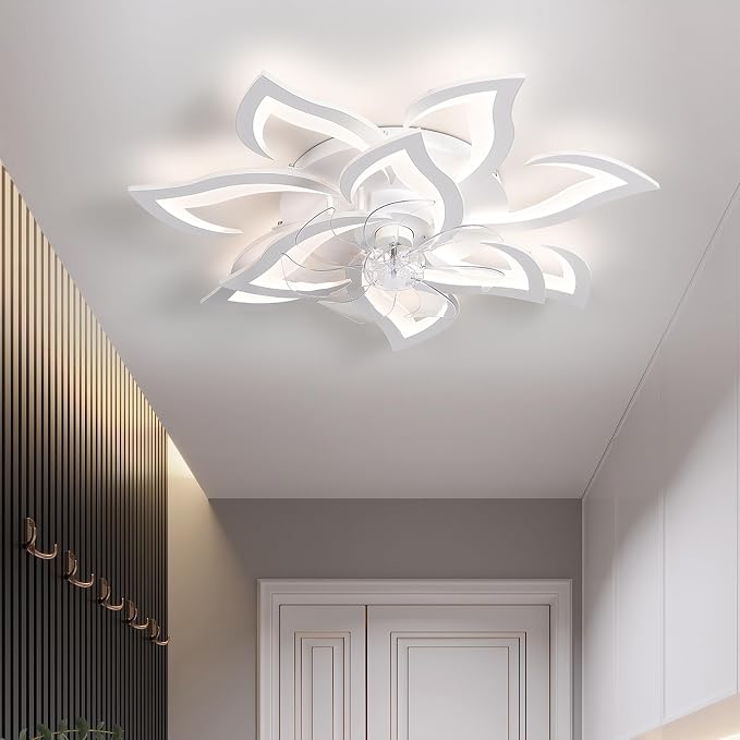 32" White Flower Ceiling Fan with Light Remote Control, Low Profile Flush Mount Ceiling Fan for Kitchen Bedroom Living Room