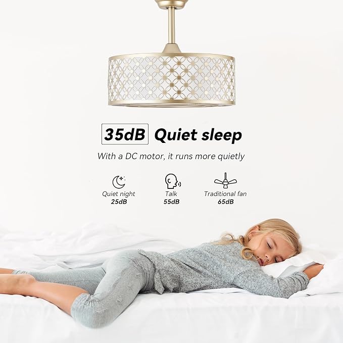Gold Fandelier Ceiling Fan with Light, 20" Caged Gold Chandelier Ceiling Fans with Lights Remote Control, Fabric Mid-Century Modern with 6 Speeds for Bedroom, Nursery, Living Room.