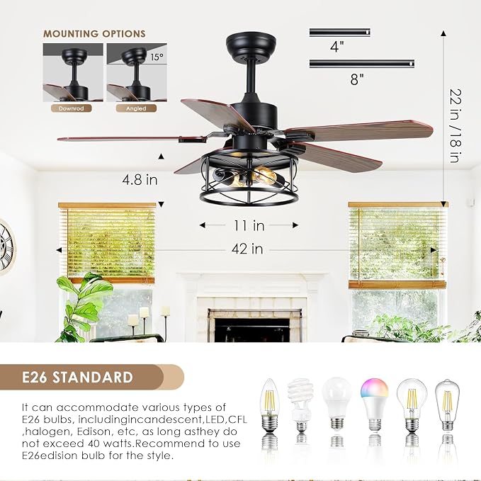 Hounberi 42 Inch Farmhouse Ceiling Fan with Light, Rustic Caged Ceiling Fans with Lights and Remote, Dual Finish 5 Blades, 6 Speeds, Reversible DC Motor, Vintage Rustic Ceiling Fans for Living Room