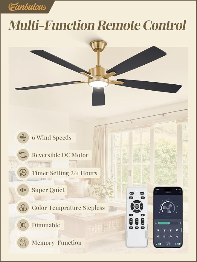 Fanbulous 60 Inch Black and Gold Ceiling Fans with Lights and Remote, Stepless Color Temperature Change & Dimmable 20W LED Ceiling Fan, 6 Speeds Reversible Quiet DC Motor for Bedroom, Living Room