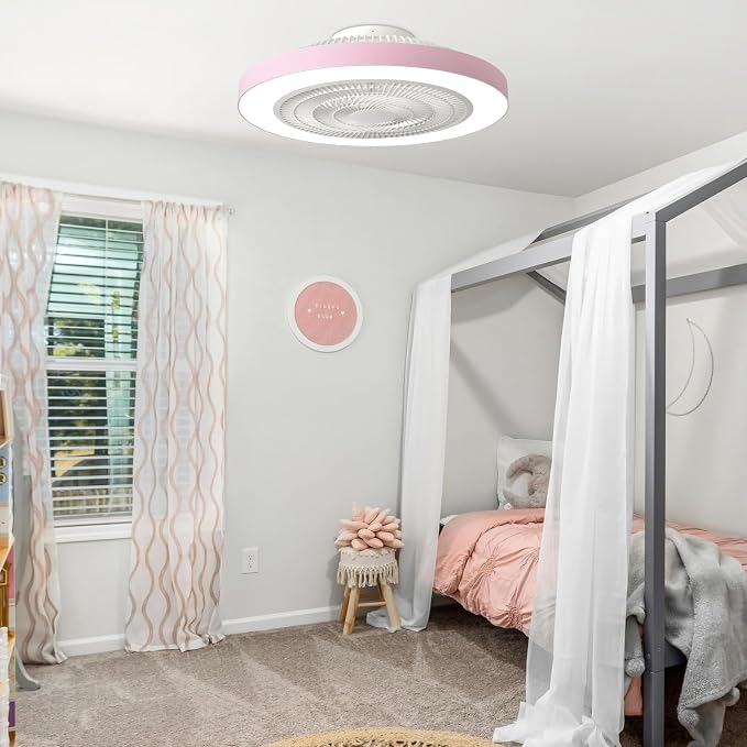 Depuley Bedroom Ceiling Fan with Light: 19" Modern LED Flush Mount Low Profile Ceiling Fans with Remote & Smart APP Control - Pink Enclosed Bladeless Fandelier Dimmable Quiet DC Motor for Kids Room