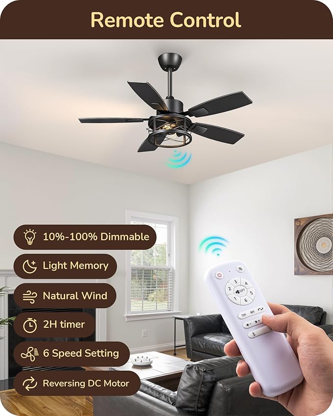 EDISHINE 42" Farmhouse Ceiling Fans with Lights and Remote, 10%-100% Dimmable, 6 Speeds, 5 Wood Blades, Reversible DC Motor, Timer, Quiet, Rustic Caged Fandelier Ceiling Fan for Bedroom Living Room
