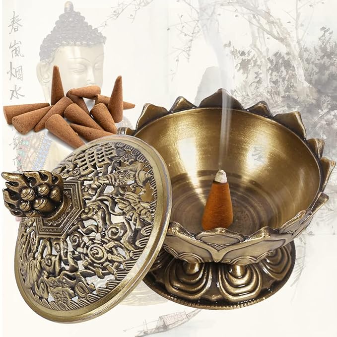 Watris Veiyi Classic Lotus Incense Burner, Vintage Charcoal Incense Burner, Lotus Incense Holder for Stick and Cone Incense 2.71 X 2.76inch / 6.9 x 7cm