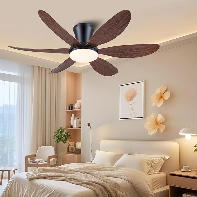 GJeg Ceiling Fans with Lights,42" Flush Mount Ceiling Fan with Light and Remote Control,Low Profile, Reversible, Dimmable, Noiseless, Brown Ceiling Fan for Bedroom