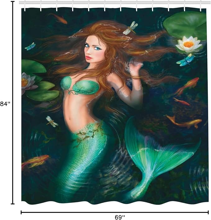 Ambesonne Underwater Shower Curtain, Fantasy Mermaid in Lake with Lilies Blossom Plants Leaves, Cloth Fabric Bathroom Decor Set with Hooks, 69" W x 84" L, Green Brown Jade Green