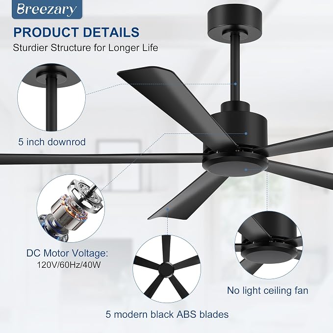 52 inch 5 Blade Ceiling Fans without Light Remote Control, Quiet Reversible DC Motor, 5 Black Blades, 6-Speed, Industrial Ceiling Fan for Home Kitchen (Black)