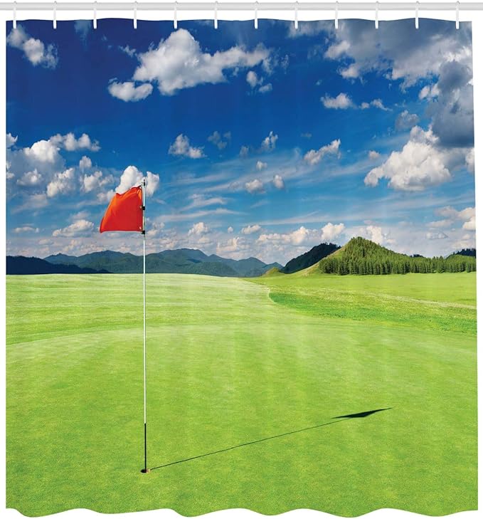Ambesonne Sports Shower Curtain, Golf Field with Flag in The Hole Clouds Sky Summertime Golfing Landscape, Cloth Fabric Bathroom Decor Set with Hooks, 69" W x 84" L, Lime Green