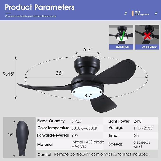Kviflon 36 Inch Flush Mount Ceiling Fan with Light, 3 Reversible Blades, Remote & APP Control, 3 CCT Dimmable for Bedroom Living Room, Black