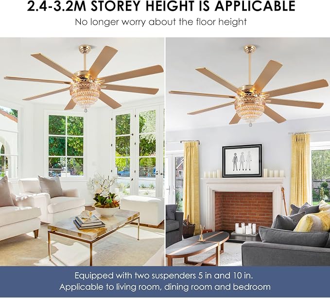 72"Large Golden Crystal Chandelier Ceiling Fans with Lights and Remote/APP | Supports Remote and APP,Reversible 6 Wind Speeds,60W Quiet AC Motor,8 Wooden Blades,4*E12 LED Bulbs Included,for Living Room