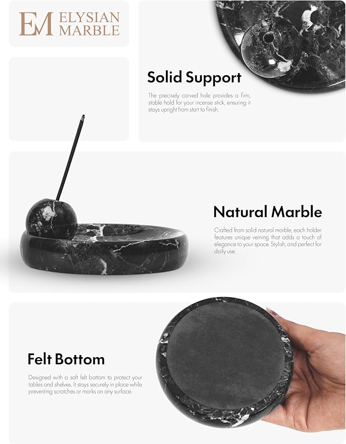 Incense Holder for Sticks, Natural Marble Incense Burner Ash Catcher Plate for Palo Santo, Sage, Meditation, Yoga and Home Decor - Black