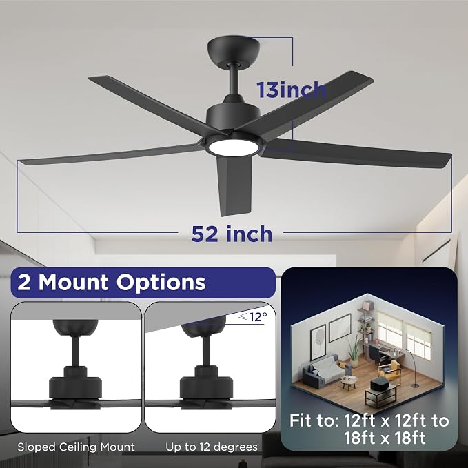 ocioc 52 inch Ceiling Fans with Lights, 2 Pack Black Ceiling Fan with Light and Remote Control, 3CCT, Quiet DC Motor, 5 Blades Modern Ceiling Fan for Living Room Farmhouse Bedroom
