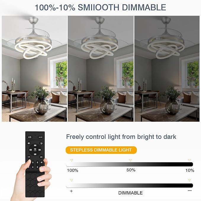 TXCSLY 42 Inch Retractable Ceiling Fan, Chandelier Ceiling Fan with Light DC Motor, 3 Color Tempearture, 6 Wind Speed for Bedroom, Living Room and Dining Room, Silver