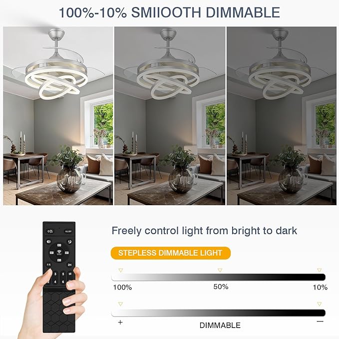 FIDGRA 42 Inch Retractable Ceiling Fan, Chandelier Ceiling Fans with Lights, Silent DC Motor, 6 Speeds, 3 Color Changing for Bedroom Living Room (Silver)