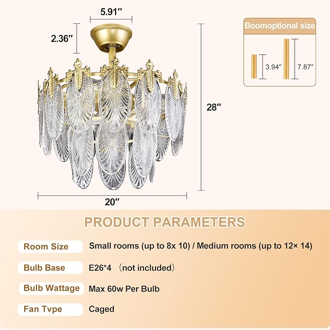 Depuley Bedroom Ceiling Fan with Lights: 20" Gold Chandelier Small Fan with Remote Control - Modern Crystal Fandelier for Girl's Bedroom Living Room Nursery (E26 Bulbs Not Included)