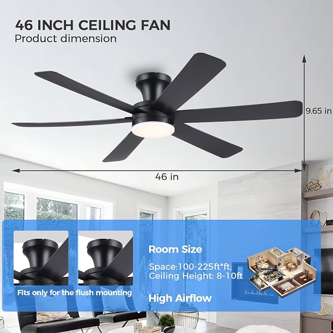 GJeg Ceiling Fans with Lights,46" Low Profile Ceiling Fan with Light and Remote Control,Flush Mount, Reversible, Dimmable, Noiseless, Black Ceiling Fan for Bedroom