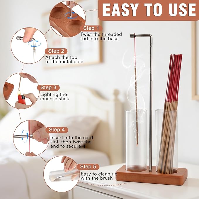 Adjustable Incense Holder for Sticks, 2 in 1 Incense Burner with Glass Ash Catcher, Upside Down Incense Holder with Threaded Lock, Modern for Meditation Yoga Spa Home Decor (Extends 8.7"-13.4")