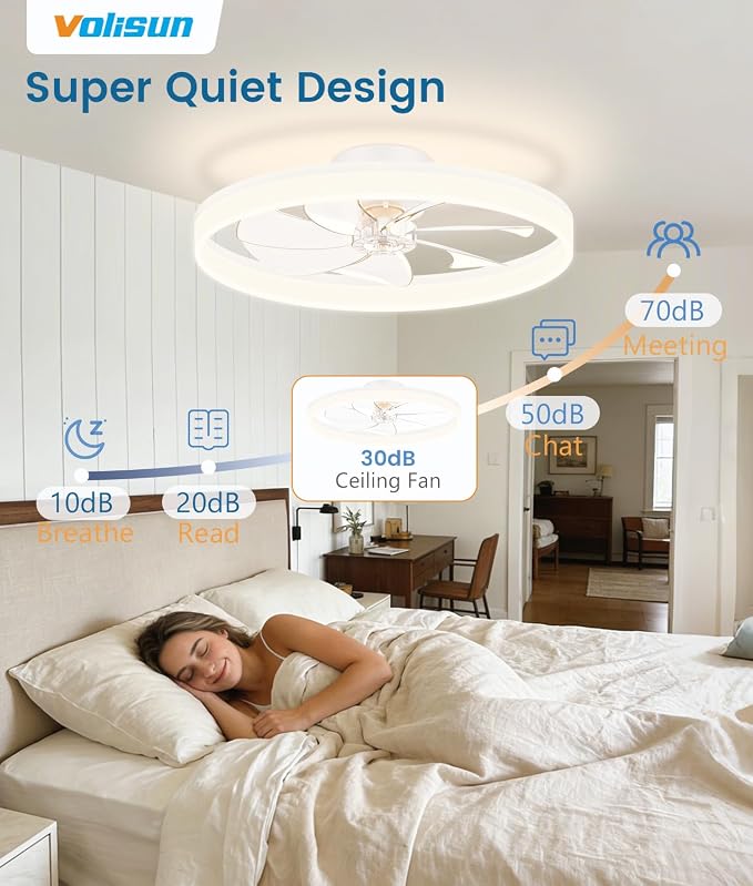 VOLISUN Low Profile Ceiling Fans with Lights and Remote, 27.6in Fandelier Ceiling Fan Flush Mount, 3000K-6500K Smart Bladeless LED Fan Light, White Modern Ceiling Fans with Lights for Bedroom