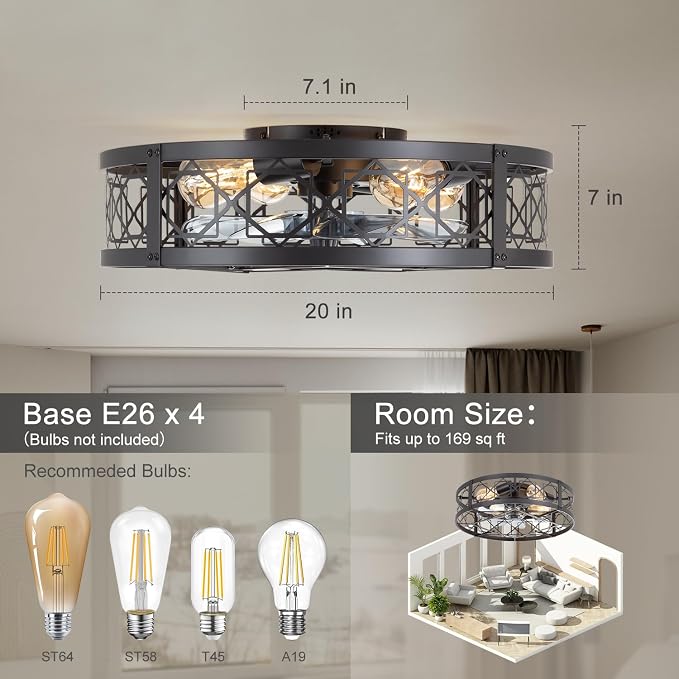 ZYD Caged Ceiling Fan with Light, 20" Ceiling Fan with Lights and Remote Flush Mount, Bladeless Caged Ceiling Fans with Lights, Matte Black Rustic Fan for Bedroom, Kitchen, Dining Room