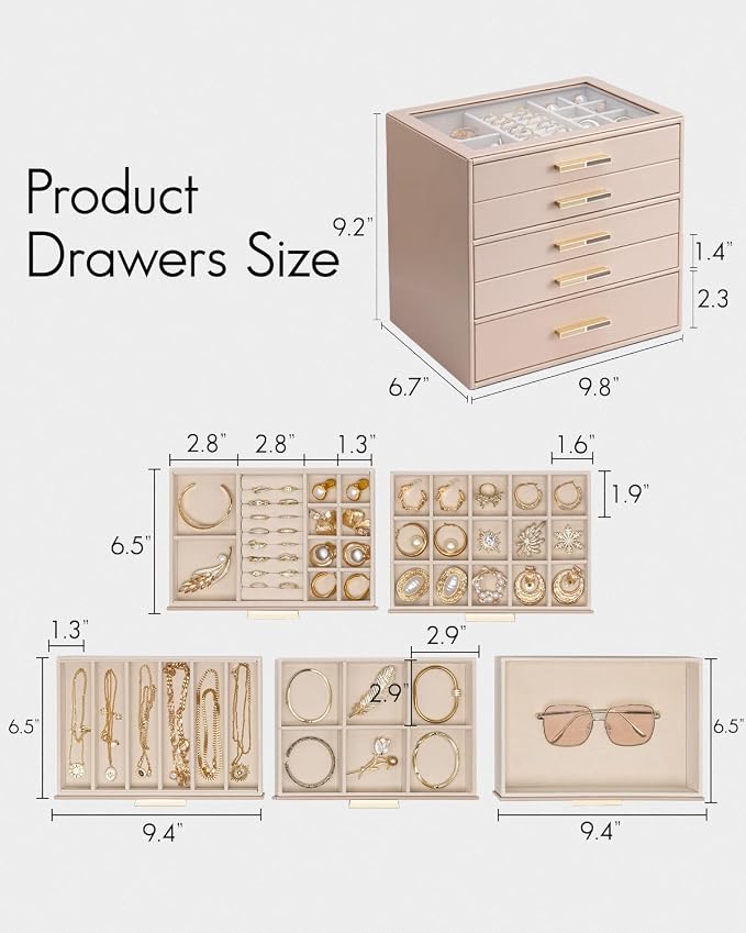 VLANDO 5 Layer Jewelry Box for Women, Glass Lid Jewelry Organizer with 5 Drawers for Necklaces Rings Earrings Bracelets - Toffee