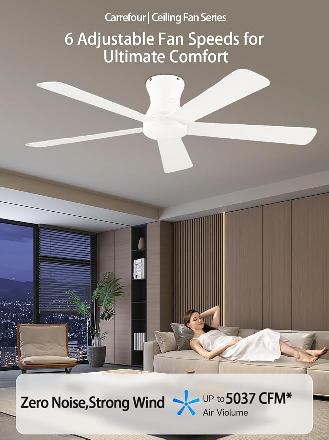 Carrefour 48 Inch White Ceiling Fan No Light, Flush Mount Low Profile Ceiling Fans, Reversible DC Motor 6-Speed Outdoor Ceiling Fan Without Light for Farmhouse Bedroom Covered Patio
