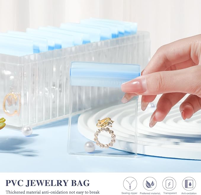 HOMEHIVE Acrylic Jewelry Box Organizer, Clear Jewelry Organizer Holder with 20 Portable Anti Tarnish Jewelry bags, Travel Jewelry Case for Earrings/Rings/Necklaces for Women Girls, Blue