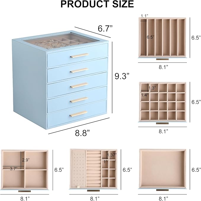 Frebeauty Jewelry Box for Women,Clear Lid Jewelry Organizer with 5 Drawers | Faux Leather,Velvet Lining,5-Layer Large Capacity,Jewelry Storage for Rings Earrings,Dustproof Design,Golden Stylish Handle