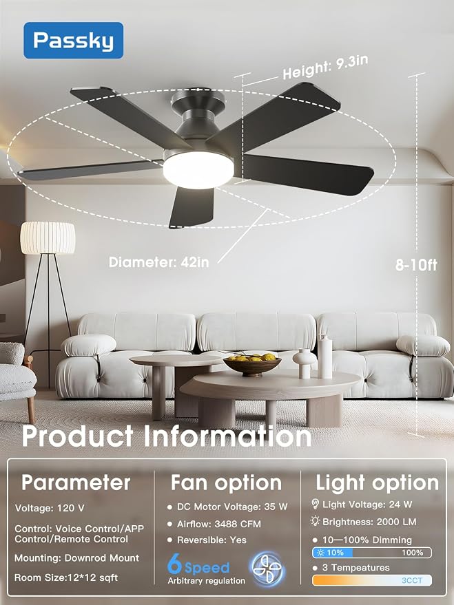 Passky Ceiling Fans with Lights, 42 Inch Smart Ceiling Fan with Remote/APP/Alexa Voice Control, Flush Mount, 3CCT, Reversible, Dimmable, Quiet, Small Sleek Ceiling Fan for Bedroom, Living Room, Black