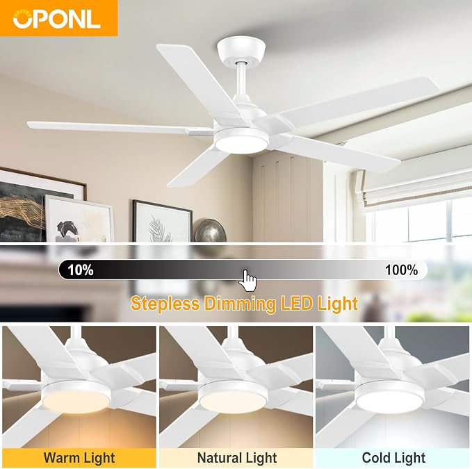 OPONL Ceiling Fan with Light, Ceiling fan with Light and Remote Control, Reversible, 6CCT, Dimmable, Noiseless, Ceiling Fan for Bedroom, Indoor/Outdoor Use, White, 52 inch, Modern