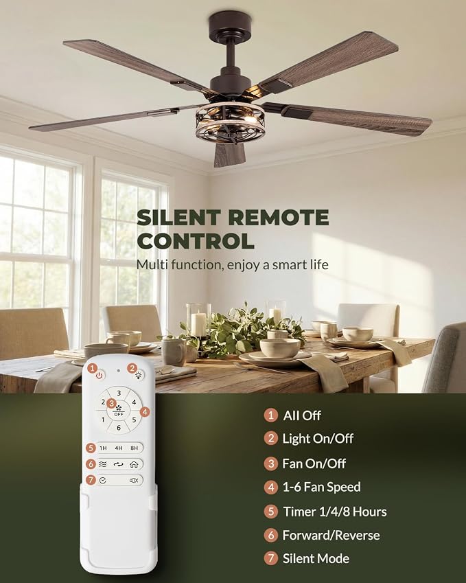 52 Inch Ceiling Fans with Lights, Remote Control Farmhouse Caged Flush Mount Ceiling Fans 2 Pack, 6-Speed Quiet and Reversible DC Motor Ceiling Light Fixtures for Bedroom, Living Room, Walnut