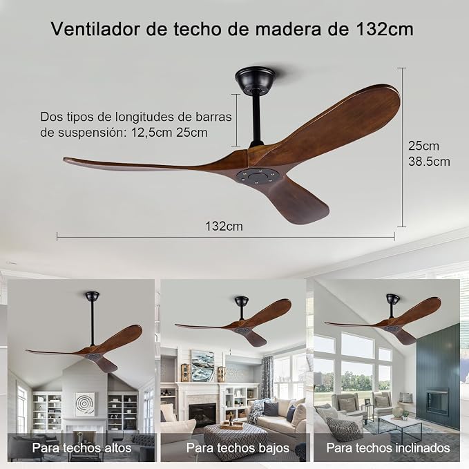 Ceiling Fans without Lights, 52 Inch Wood Ceiling Fan no Light with Remote,Outdoor Ceiling Fan for Living Room,Patio, Porch,6 Speed, Quiet DC Motor(Deep Walnut Blades)