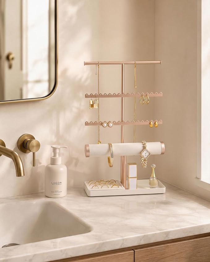Lolalet Jewelry Organizer Stand, Necklace Bracelet Holder -Champagne Gold | Space-Saving Jewelry Display Storage Rack on Vanity Dresser for organizing Earrings Bangels Rings