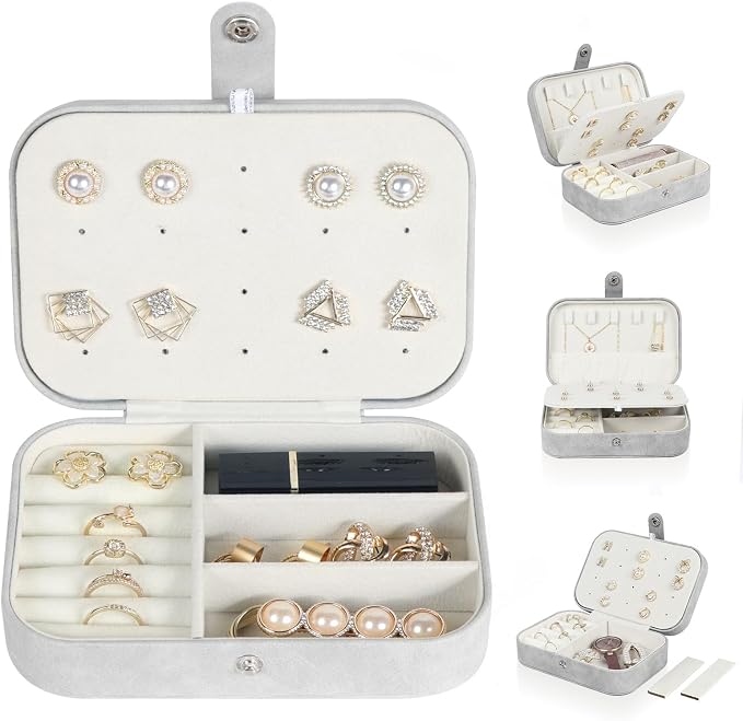 Hatori Travel Jewelry Box, PU Leather Small Jewelry Organizer for Women Girls, Double Layer Portable Mini Travel Case Display Storage Holder Boxes for Stud Earrings, Rings (Grey)
